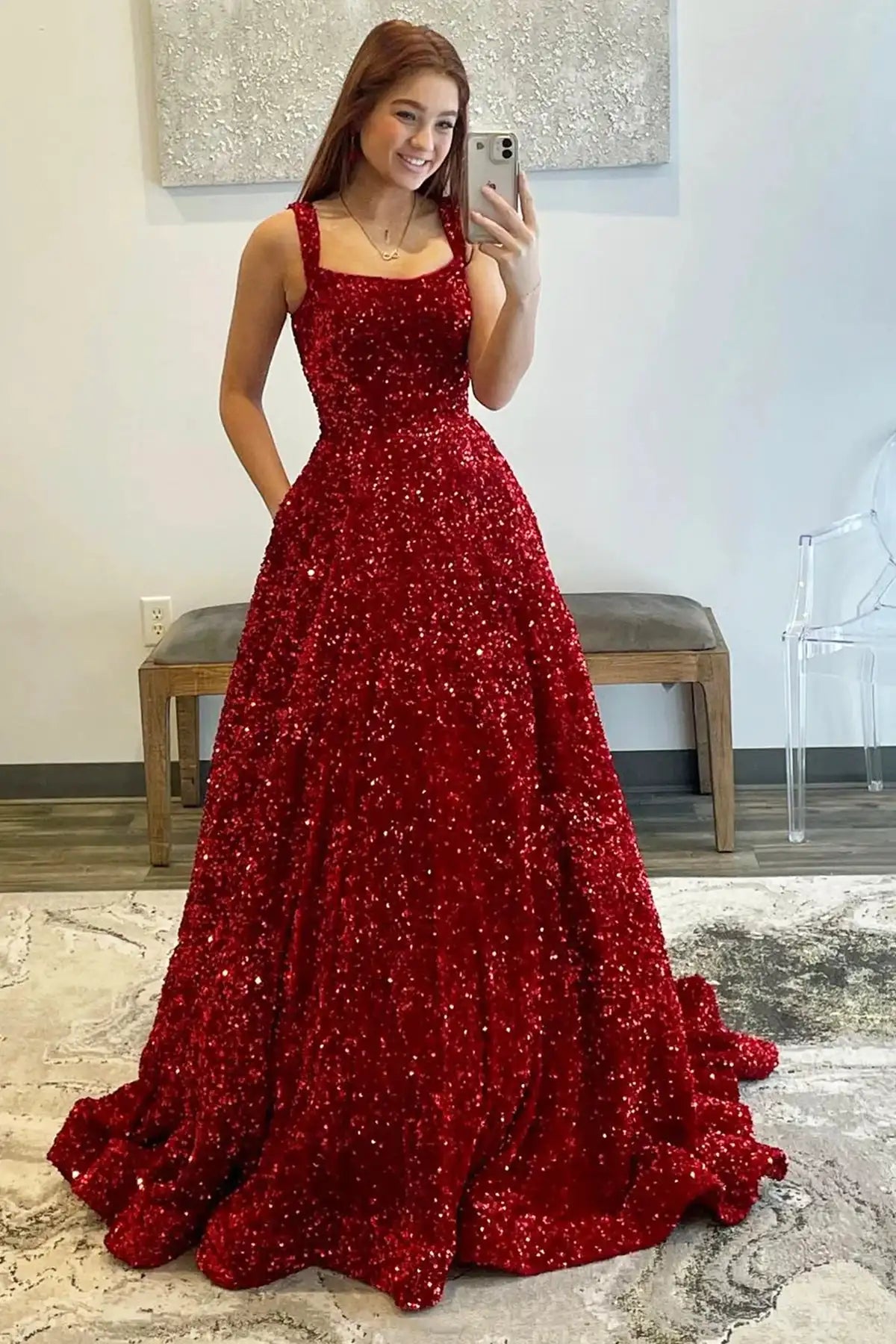 Burgundy Evening Dresses Sequined Sparkly Bling Scoop Neck Strap Long with Pockets Formal Party Prom Gowns Women Elegant