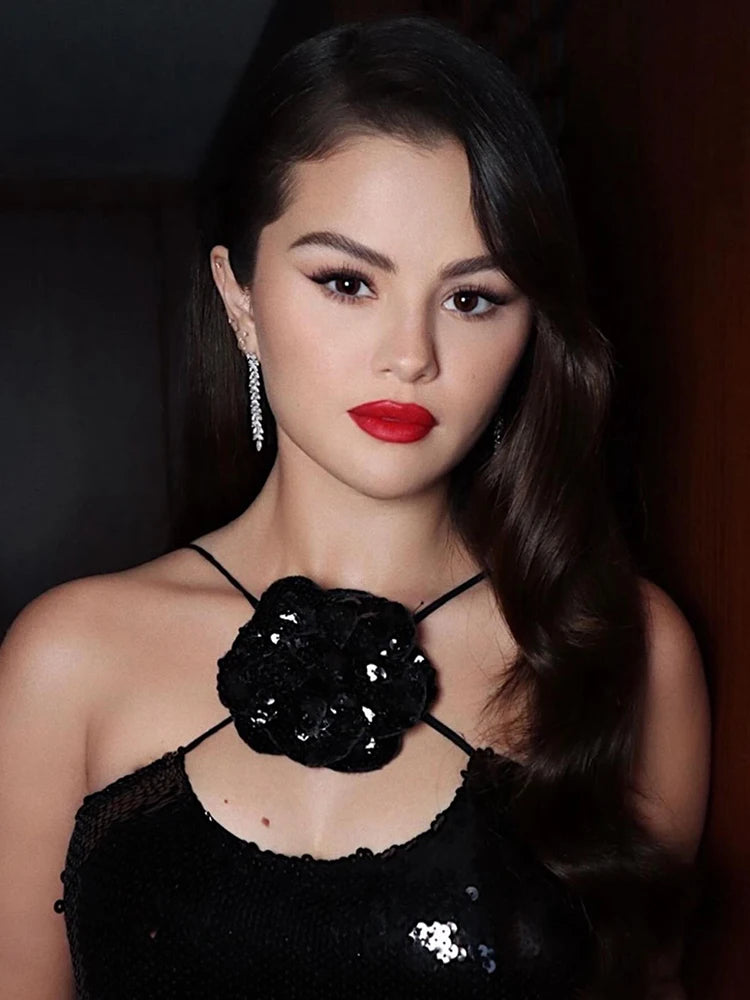 Women Summer Backless Long Dress Black Mesh Sparkly Sequins Spaghetti Straps Ruffled Hems Cocktail Evening Party Gowns