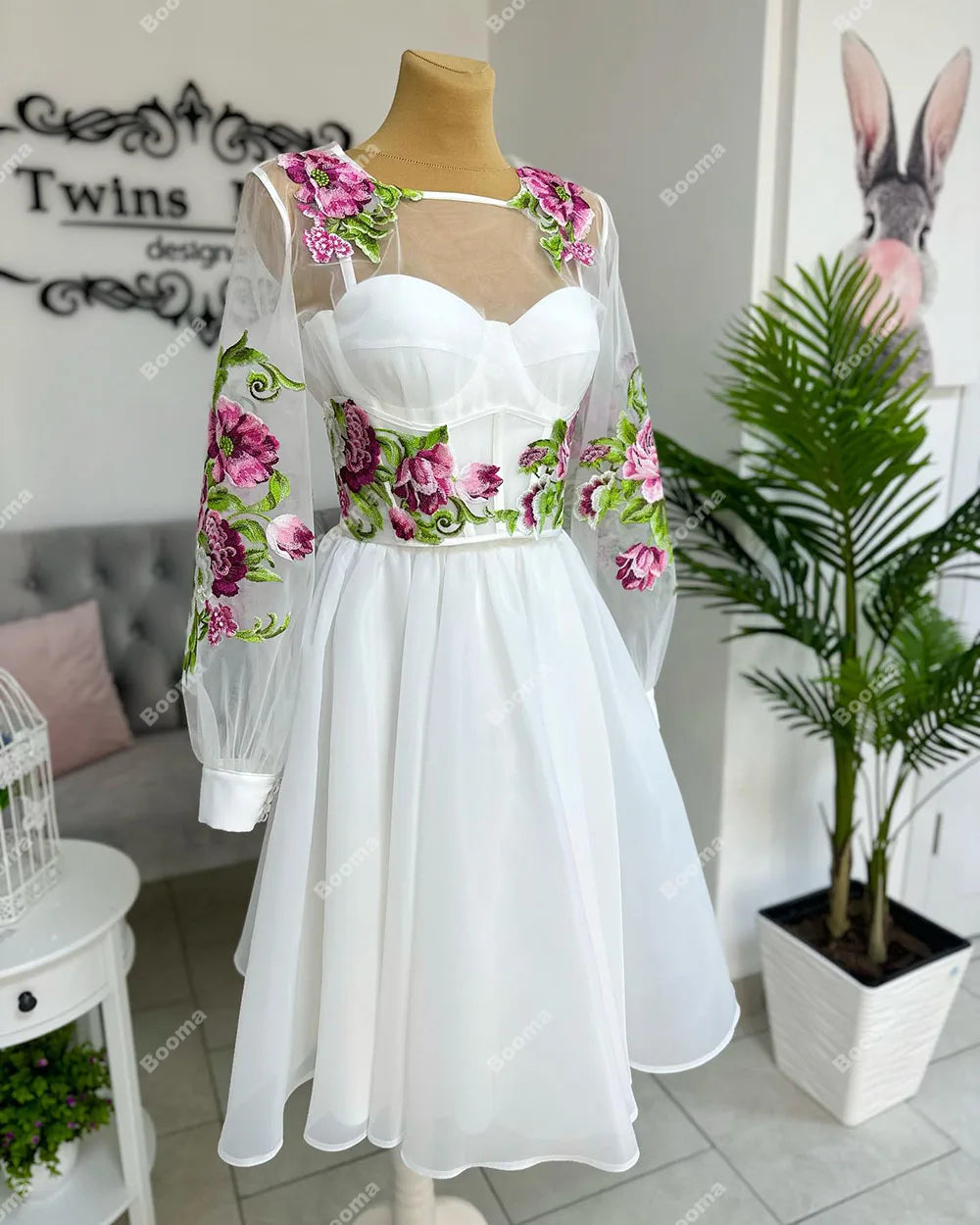 שמלות כלה קצרות א-קו פרחי רקמה פרחי צוואר שרוולים ארוכים כלות שמלות ערב לנשים שמלת נשף כלה 2023