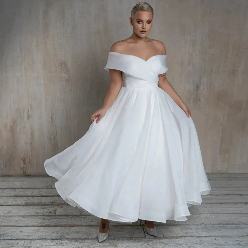 Short Civil Wedding Dresses For Women Ankle-Length Off The Shoulder Bride Dress Robe De Mariée A-line Simple White Short Wedding Dress