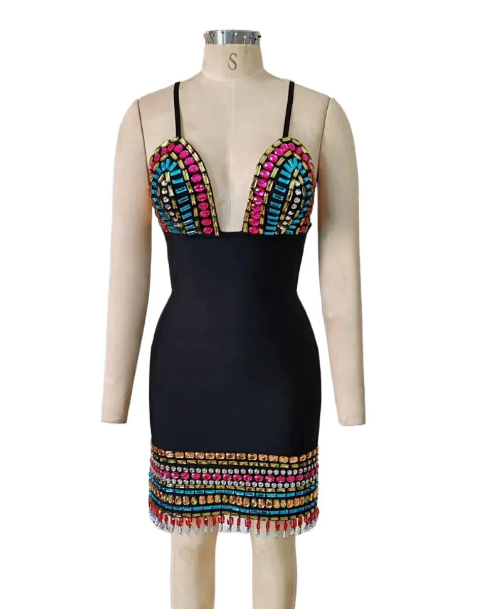 Colorful Diamonds Sexy V-Neck Spaghetti Strap Mini Bandage Dress Fashion Woman Evening Dress Holiday Vocation Vestido