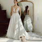 Elegant Long Wedding Dresses V Neck Appliques Stain Brides Prom Gowns Button Sleeves Bridals Gowns with Sweep Train