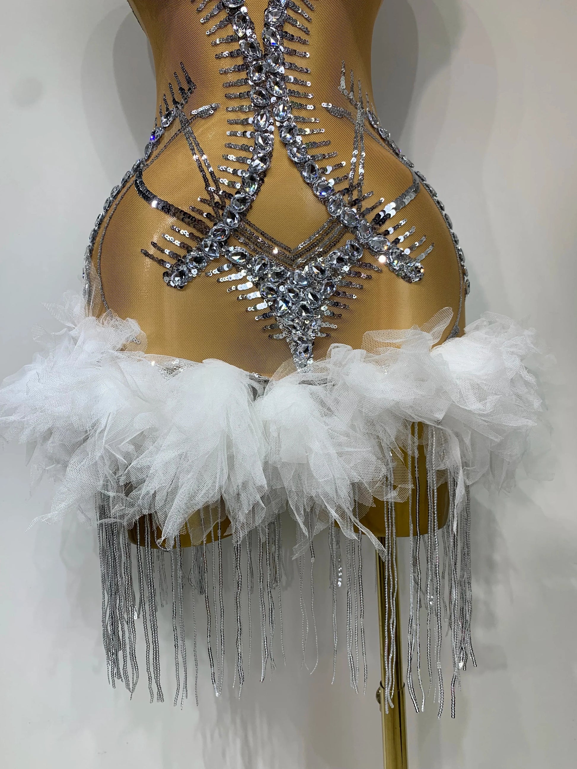 Luxury Party Cocktail Short Dress Women Mesh Sexy See Through Rhinestones Tassel Dress Nightclub Perform Singer Stage Costume