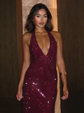 Stylish Halter Open-Back V-Neck Sequins Dress for Fashion Events Party Evening Gown