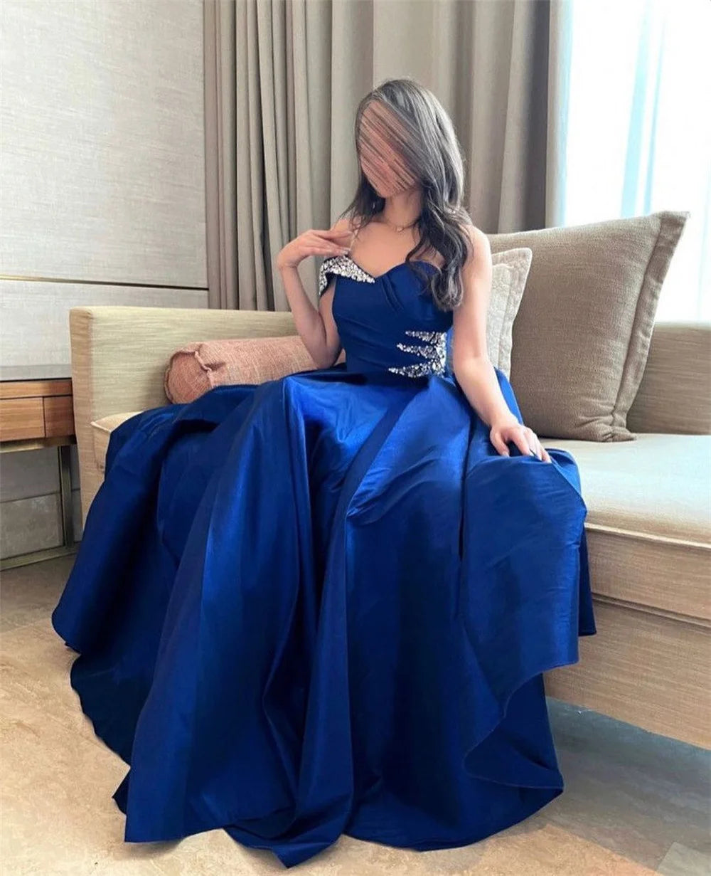 Sexy One Sleeve A-line فساتين مناسبة رسمية Sapphire Blue Thick Satin Prom Dress Sequins On Chest Vestidos De Noche