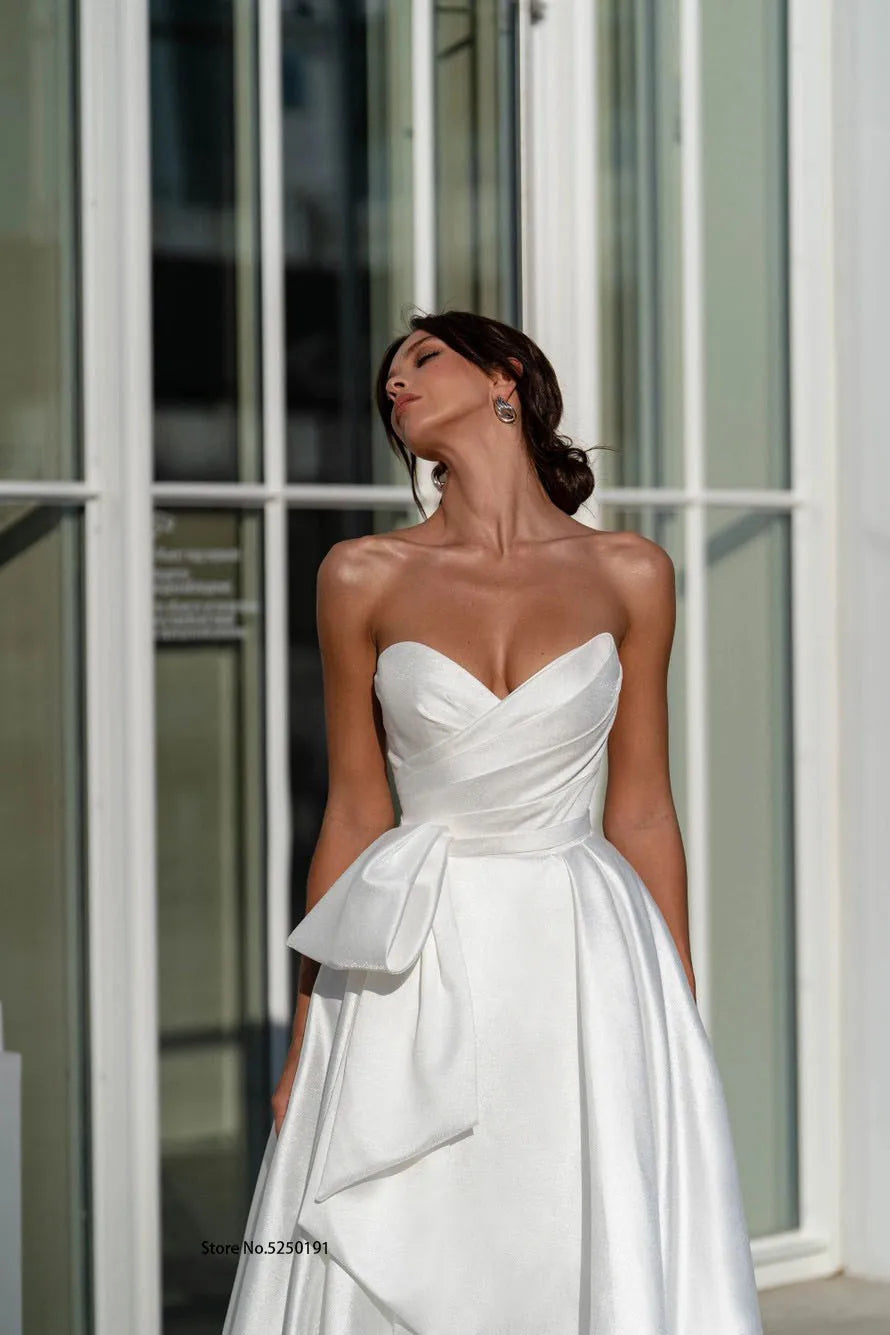 Popular V-neck Pleat A Line Wedding Dresses Big Bow Side Slit Floor Length Vestido de Noiva Bridal Gowns