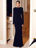 Romantic Black Long Sleeves Open-Back Maxi Dress Fashion Sexy Bodycon Party Evening Gown Dinner Date