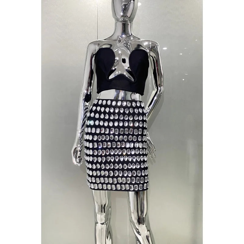Sexy Deep V-Neck Strapless Top And Sparkling Diamonds Mini Skirt 2 Pieces Woman Set Birthday Party Vestido