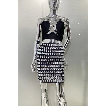 Sexy Deep V-Neck Strapless Top And Sparkling Diamonds Mini Skirt 2 Pieces Woman Set Birthday Party Vestido