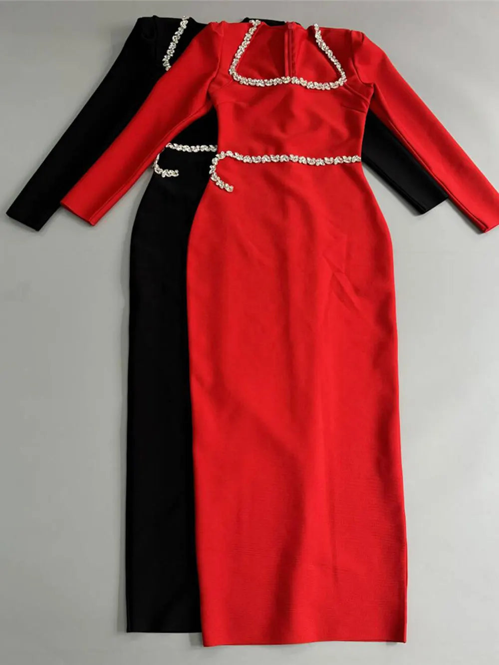 Elegant Women Dress Light Luxury Diamond Design Bandage Dress Square Neck Long Sleeve Bodycon Christmas Red Dress Vestidos
