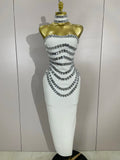 Women Sexy Backless Strapless Black Beading Long Bandage Bodycon Dress Celebrity Elegant Evening Luxury Birthday Dresses WHITE