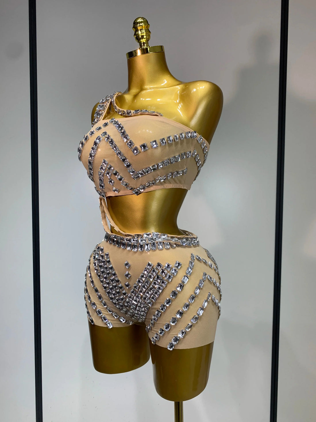 Luxury Diamonds Sexy Mesh Perspective Two Pieces Outfit Performance Dancer Singer Costume Nightclub Women's Set Birthday Wear Style 1