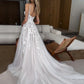 V-Neck A-Line Wedding Dresses Hight Side Split Lace Appliques Beach Bride Gown Spaghetti Tali Kereta Api Vestido de Novia