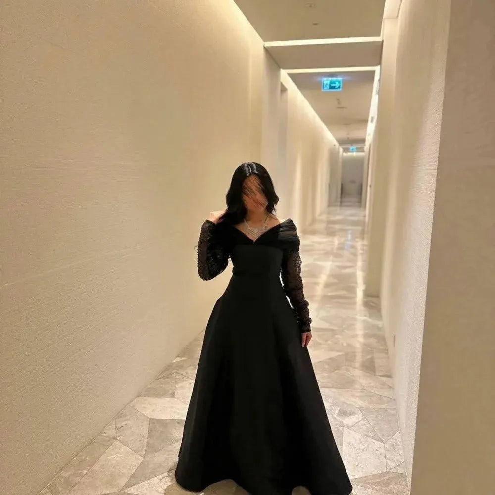 Sexy Off Shoulder فساتين سهره فاخره Elegantly A-line Prom Dresses Nobility Glitter Long Sleeves Vestidos De Noche Black