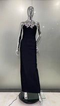 Shining Diamonds V-Neck Strapless Black Long Bandage Dress Elegant Woman Evening Party Dress Cocktail Party Outfit black