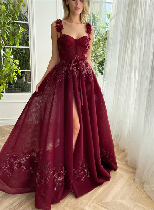 Burgundy Heart Shaped Neck Prom Dress Lace Tulle Fabric High Side Split Strao vestidos de fiesta Sleeveless فساتين السهرة