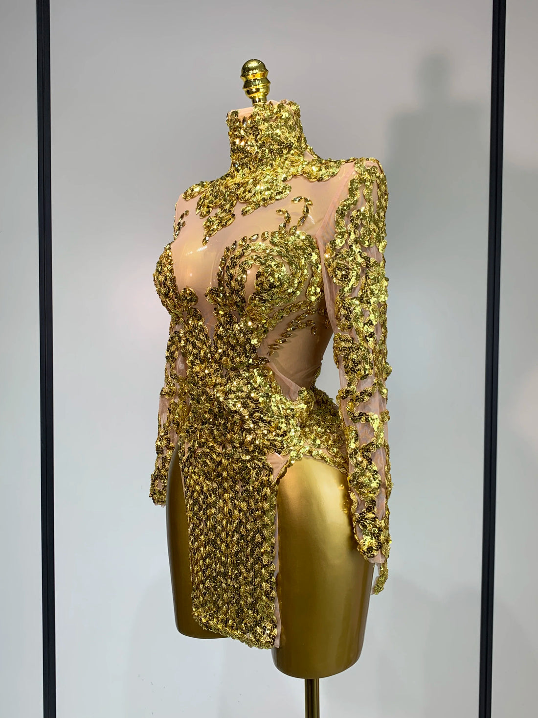 Women Long Sleeve Sexy Shinning Sequins Bodycon Mini Dress Mesh See Through Celebrate Birthday Evening Party Club Stage Outfit Gold