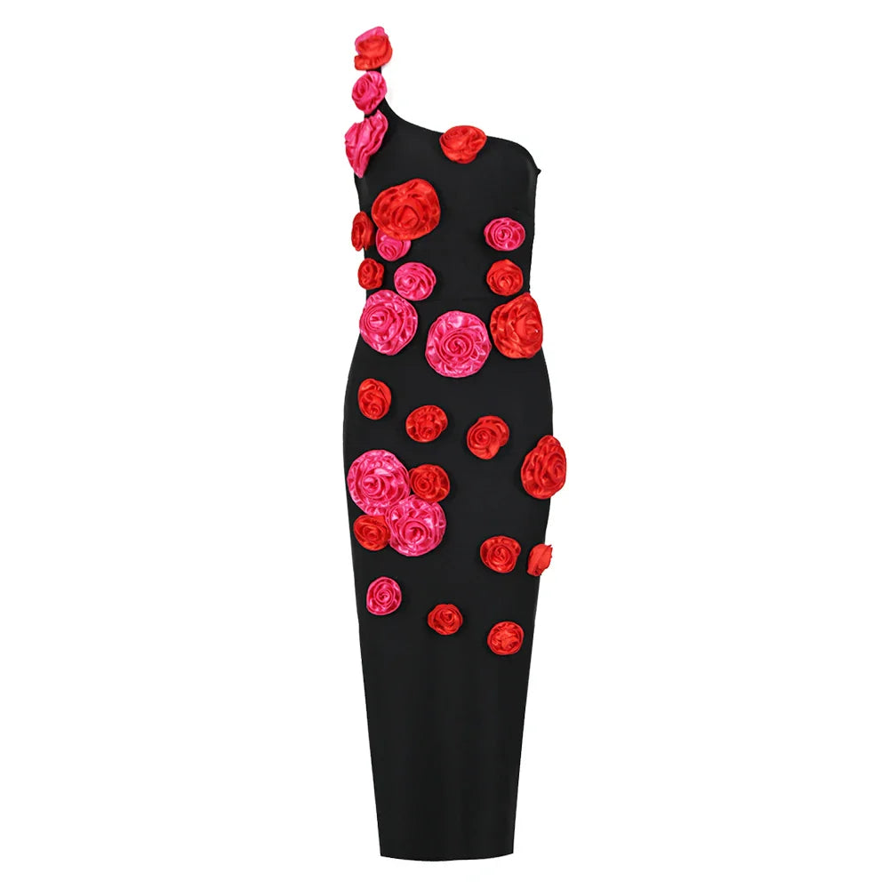 Red Flowers Strapless Black Bandage Ankle Length Dress Elegant Woman Evening Party Dress Cocktail Party Vestido black
