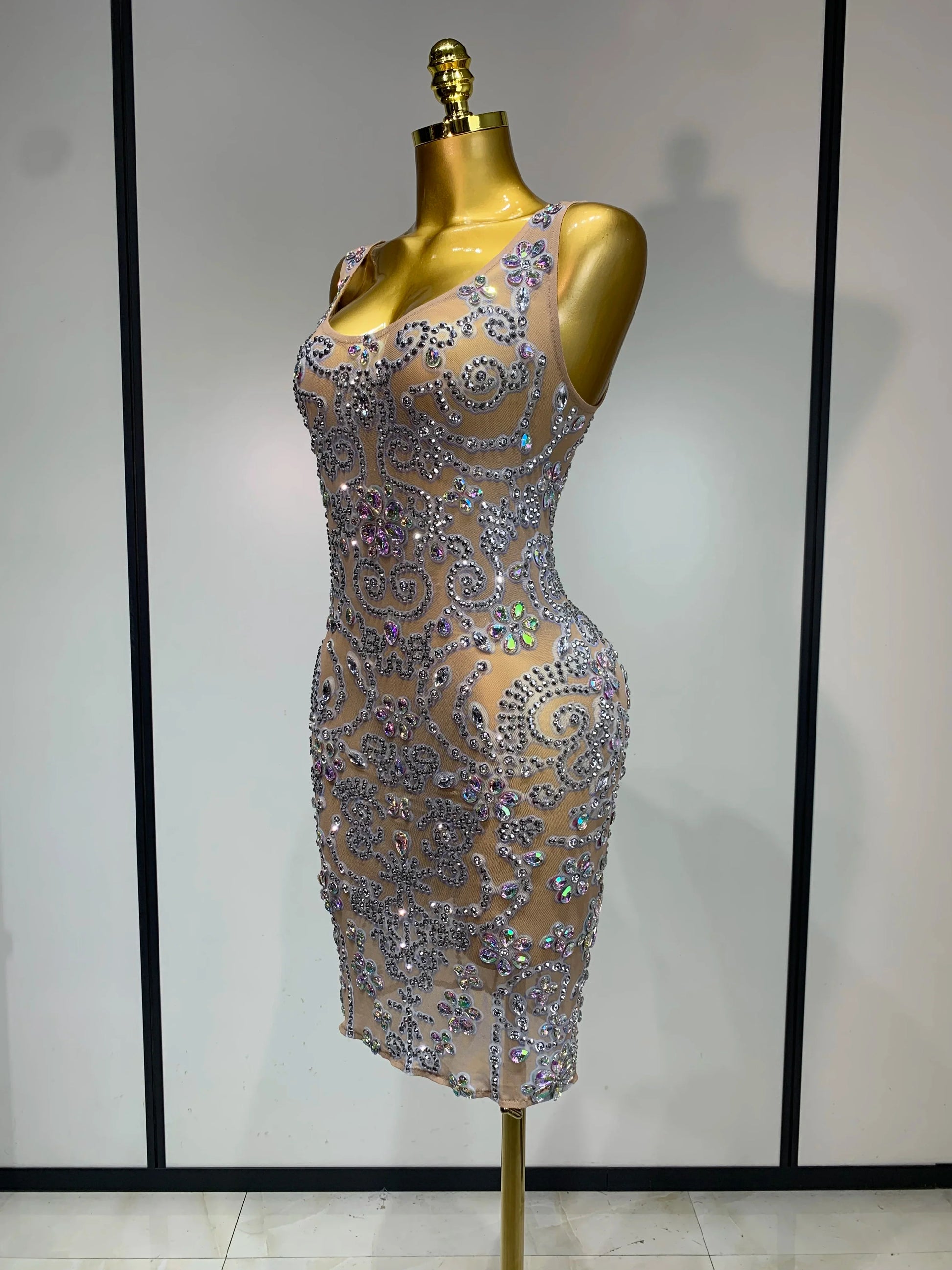 Celebrity Elegant Party Sparkly Rhinestones Transparent Mesh Short Dress Luxury Birthday Nightclub Outfit Perform Stage Costume