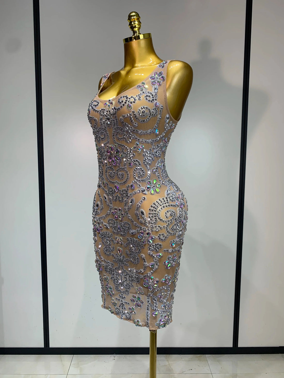 Celebrity Elegant Party Sparkly Rhinestones Transparent Mesh Short Dress Luxury Birthday Nightclub Outfit Perform Stage Costume Beige