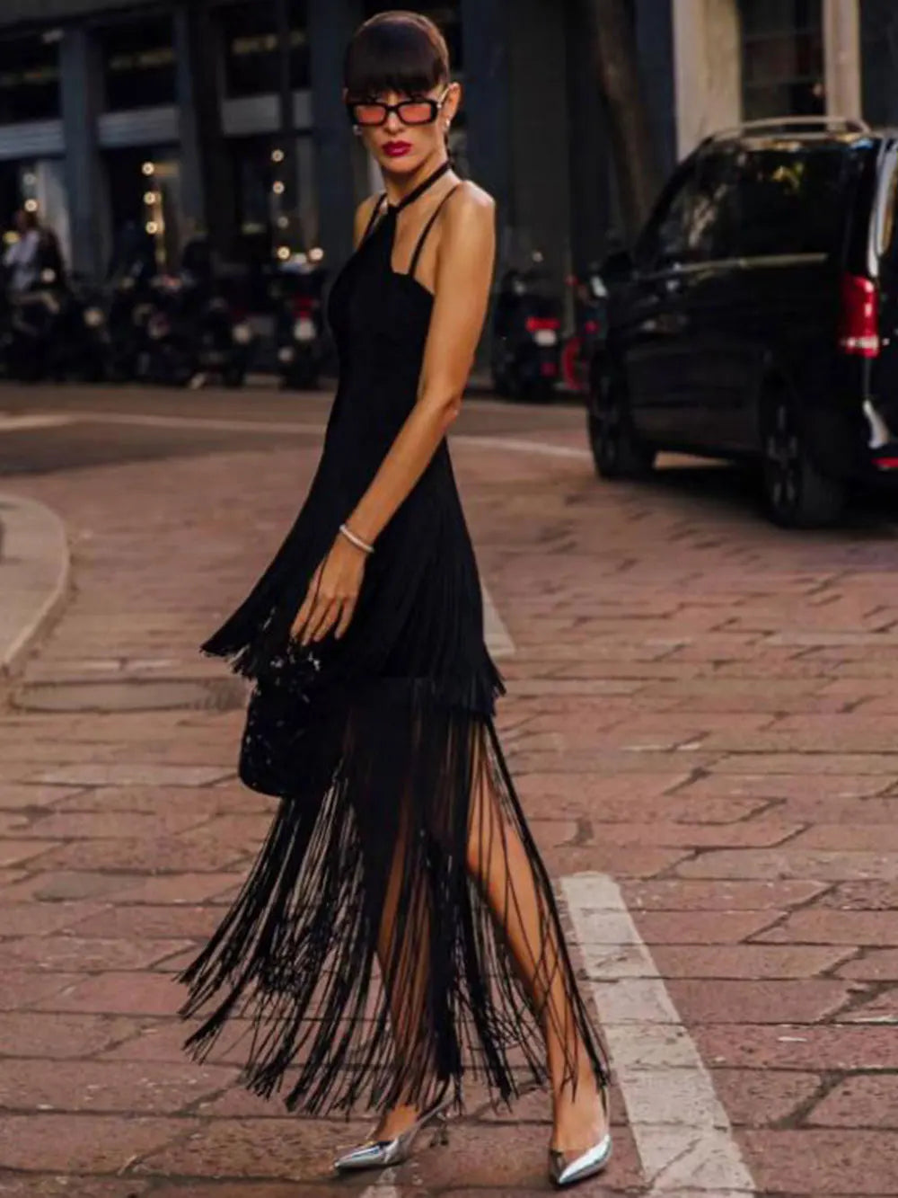 Women Tassel Design Bandage Long Dress Hanging Neck Sleeveless Bodycon Backless Dress Celebrity Evening Club Party Vestidos