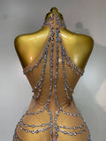Luxury Rhinestone Sparkly Sexy Transparent Mesh Long Dress Women Birthday Party Gown Stage Singer Performance Costume