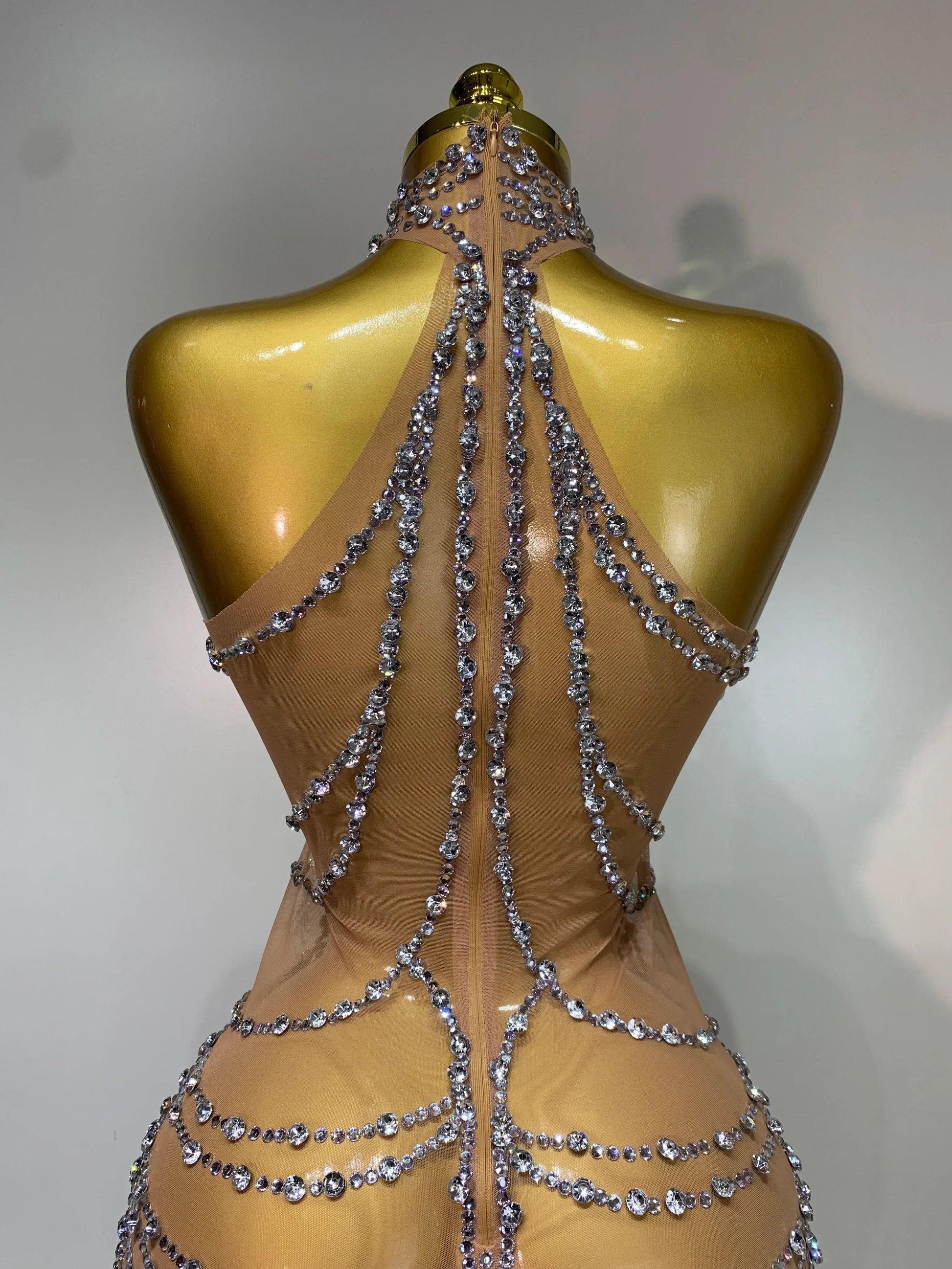 Luxury Rhinestone Sparkly Sexy Transparent Mesh Long Dress Women Birthday Party Gown Stage Singer Performance Costume