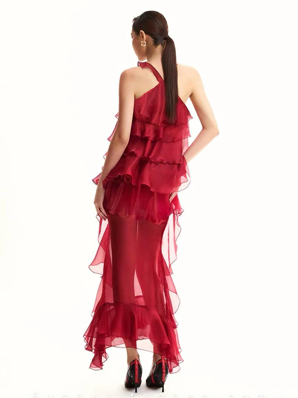 Women Gauze Perspective Irregular Elegant Long Party Dress Ruffles Sleeveless Fashion Tide Summer