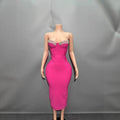 Rosered Color Women Sexy Strapless Shinning Crystal Bodycon Bandage Mid-calf Dress Nightclub Party Celebrate Birthday Outfit