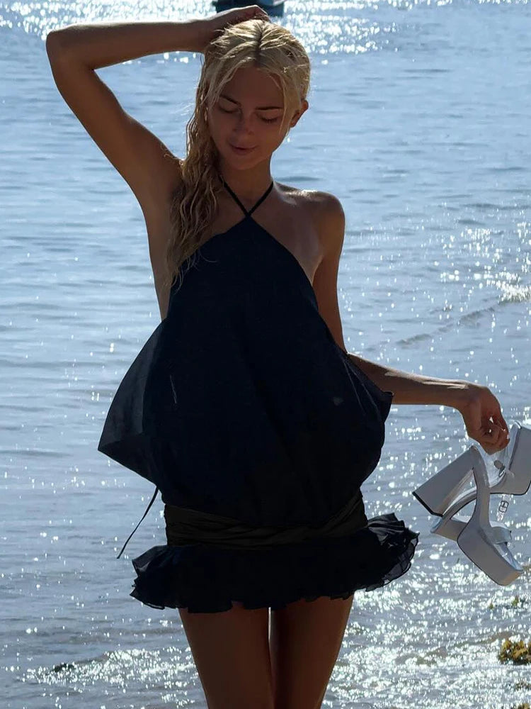 Edgy Black Halter Sleeveless Mini Dress Gown with Open Back for Trendy Parties
