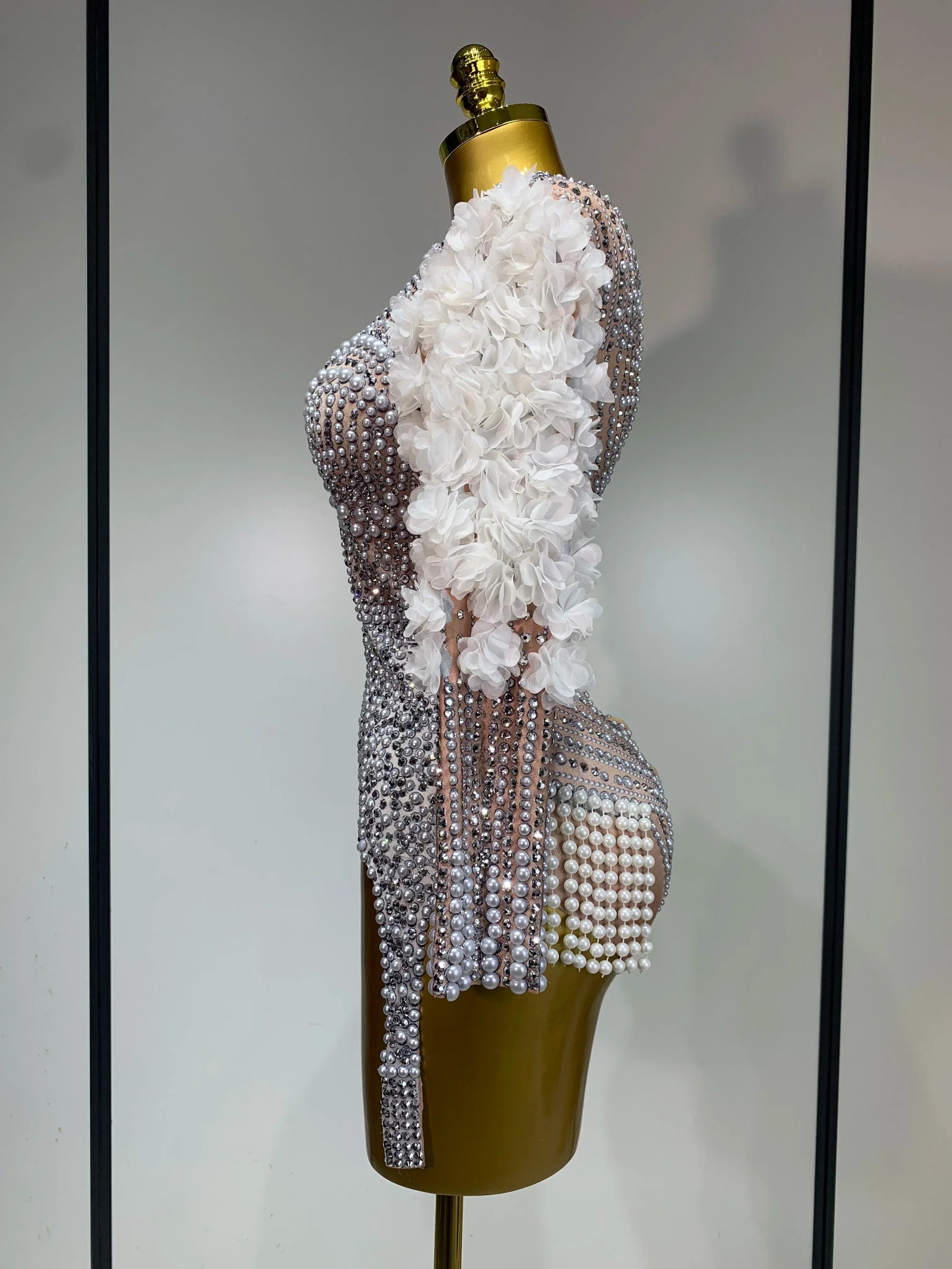 Sparkly Luxury Sheath Bodysuit Women Sexy Pearls Rhinestone Flowers Stage Singer Outfit Nightclub Performance Dance Costume