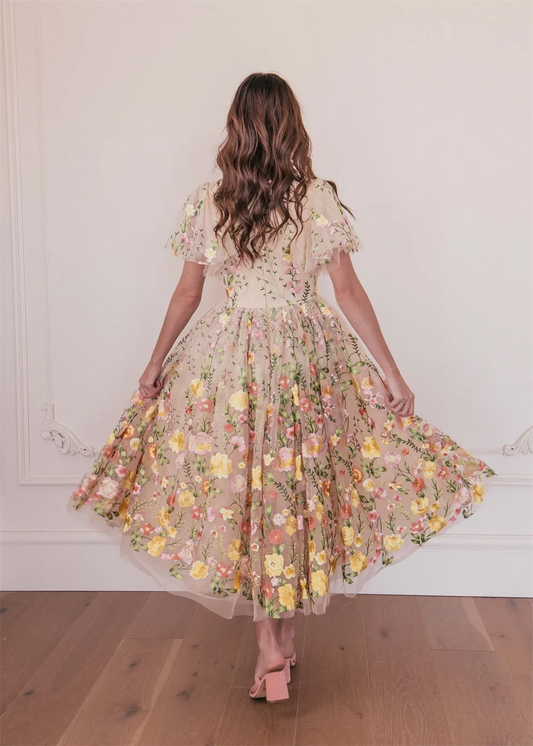 Vestido de fiesta de tela de tul bordado con encaje de flores, vestidos de fiesta modestos de corte en A, manga corta, elegante