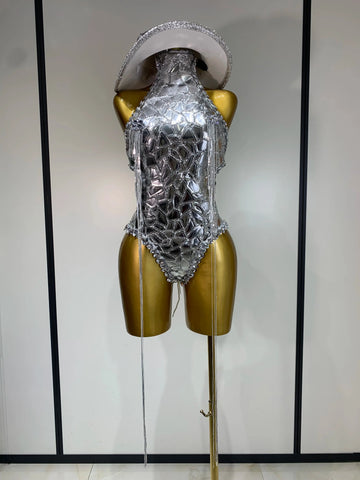 Sprakly Silver Bodysuit Sexy Two Pieces Outfit Dancer Birthday Evening Party Celebrate Performance Singer Stage Perform Outfit Silver