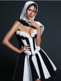 Stereoscopic White Flowers White and Black Bandage Mini Dress Sweet Woman Birthday Party Vestido Celebrity Party outfit！
