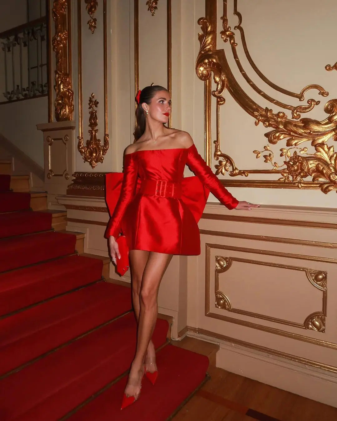 Stylish Red Mini Prom Dresses with Big Bow Off the Shoulder Long Sleeves Satin Short Birthday Party Dresses فساتين سهرة Custom
