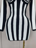 Luxury Sexy Long Sleeve Stripe Black White Mini Bandage Dress Women Knitted Celebrity Elegant Evening Club Birthday Dresses