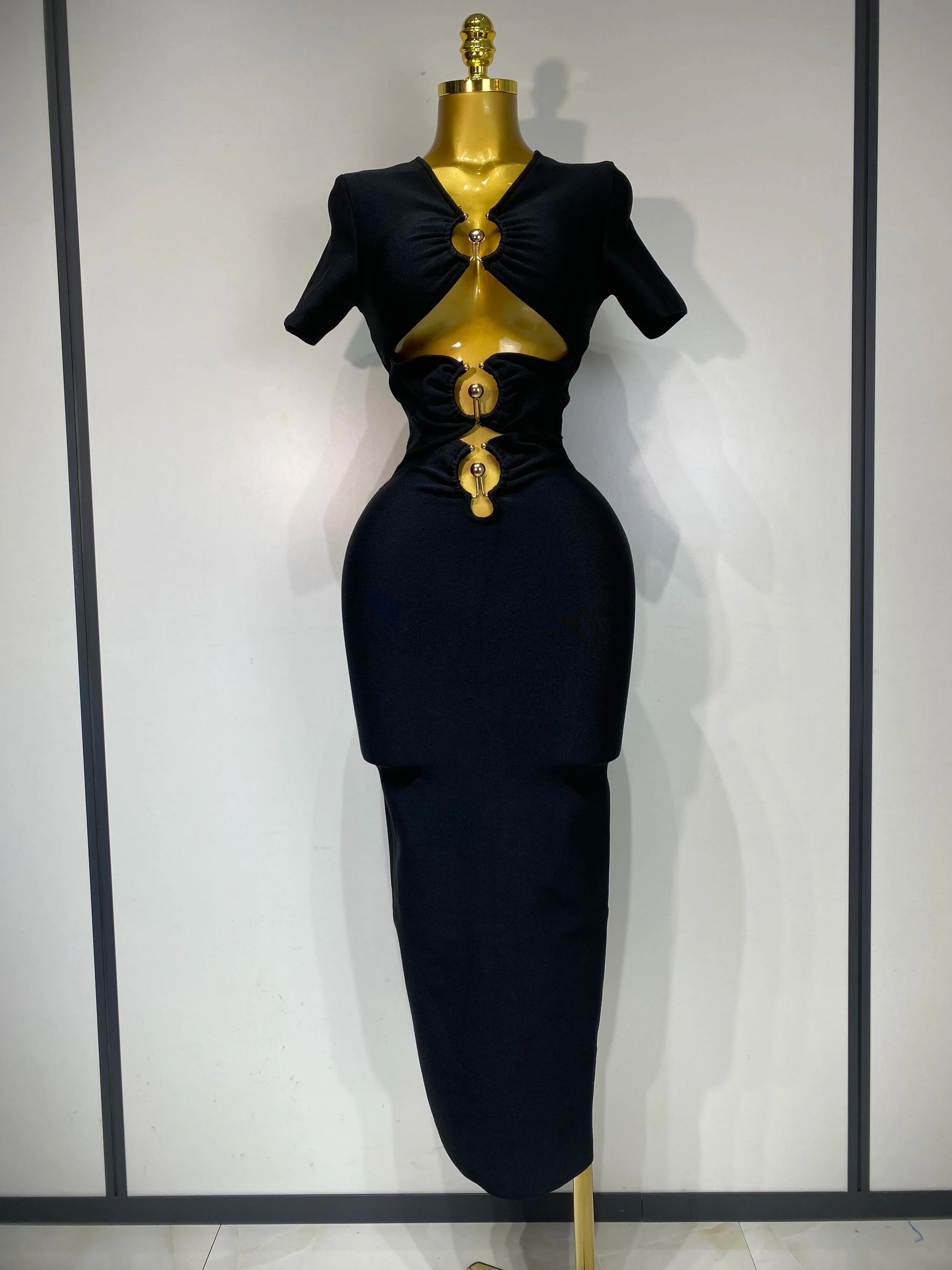 Women Sexy Cut Out Short Sleeve Bodycon Long Dress Party Evening Celebrate Birthday Black Bandage Knitted Club Prom Gown black