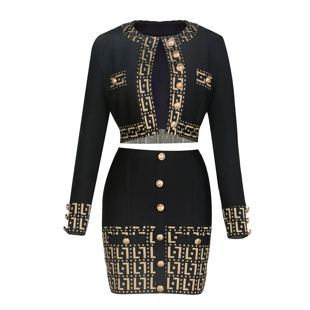 Autumn Starfish Woman Banage Set Golden Buttons Short Coat And Mini Skirt 2 Pieces Fashion Woman High Street Wear