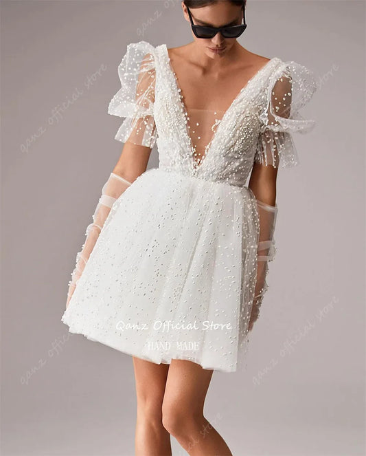 Boho sukienki ślubne Tiulle Puff Rleeves Krótka sukienka weselna Linia Linia Backlessdress Bride Suknie urodzinowe luksus