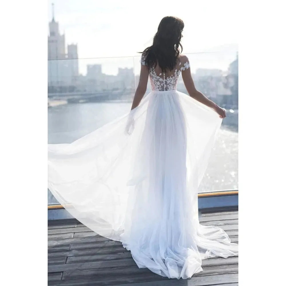 Luxury Wedding Dresses Off Shoulder Sweetheart A Line Side Slit Bridal Gowns Simple Lace Appliques Chiffon Robe De Mariee W10355 14w