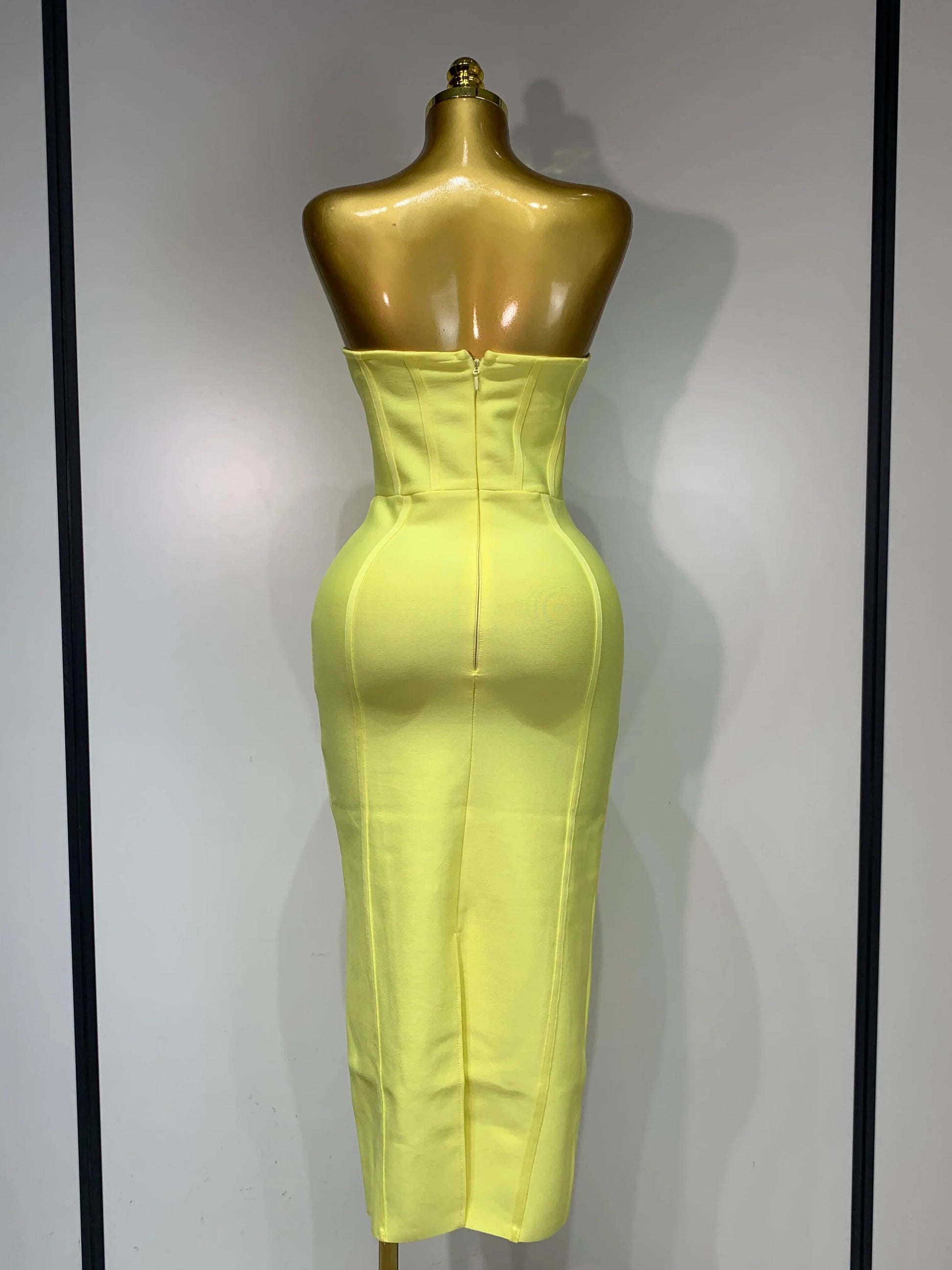 Newest Women Strapless Sexy Yellow Stretch Bodycon Bandage Dress Elegant Evening Party Luxury Birthday Celebrity Prom Gown