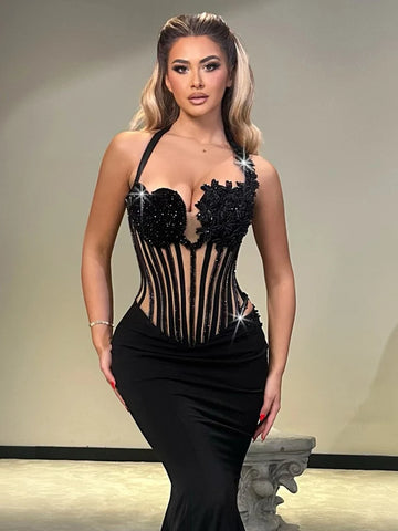 Glamorous Black Halter Sequin Flower Mesh Top Mermaid Dress for Galas Evening Gown