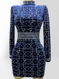 Dark Blue Velvet Luxury Diamonds O-neck Tuck Waist Mini Dress Fashion Woman Party Dress Celebration Birthday Vestido
