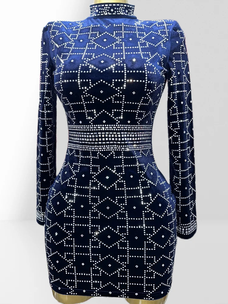 Dark Blue Velvet Luxury Diamonds O-neck Tuck Waist Mini Dress Fashion Woman Party Dress Celebration Birthday Vestido