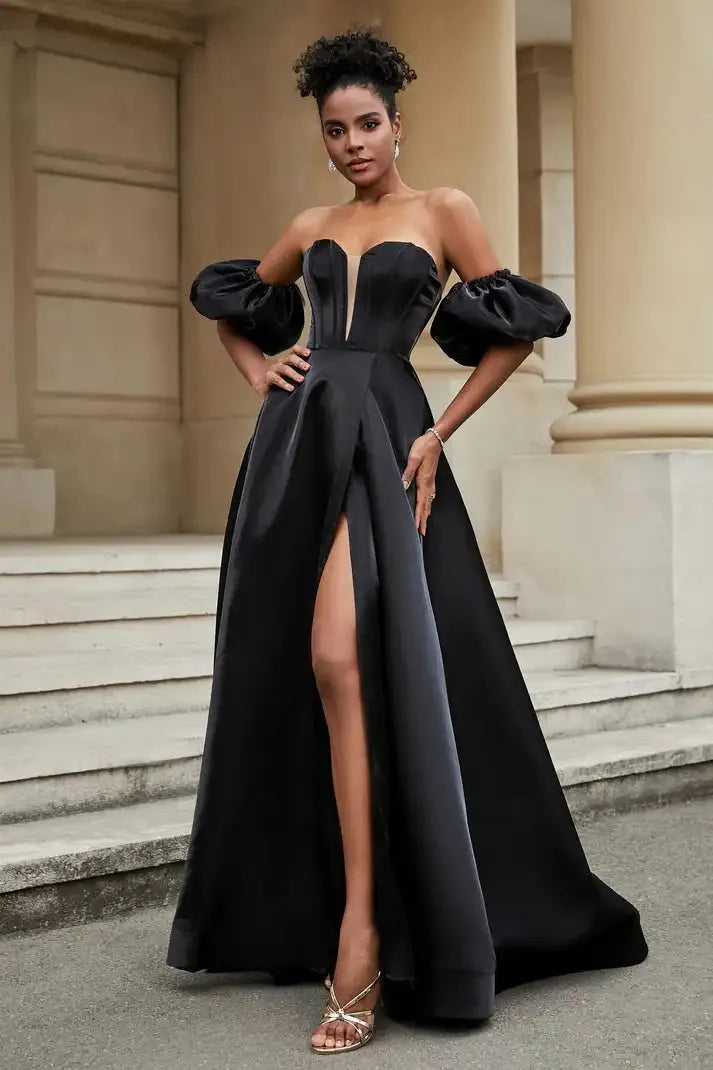 Satin Evening Dresses Long Removable Puffy Sleeves with Slit A Line Sweep Train Formal Party Prom Gowns Elegant Simple