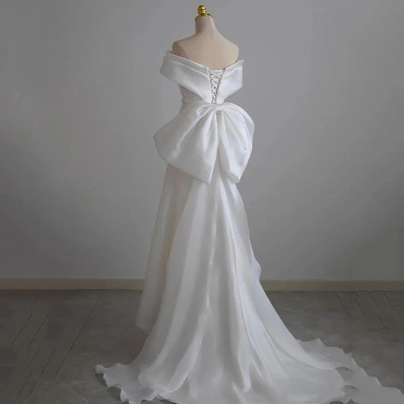 Französische luxuriöse weiße Satin -Trailing Brautkleider für Braut elegant Vintage Long Prom Mermaid Hochzeitsfeier Frauen Vestidos