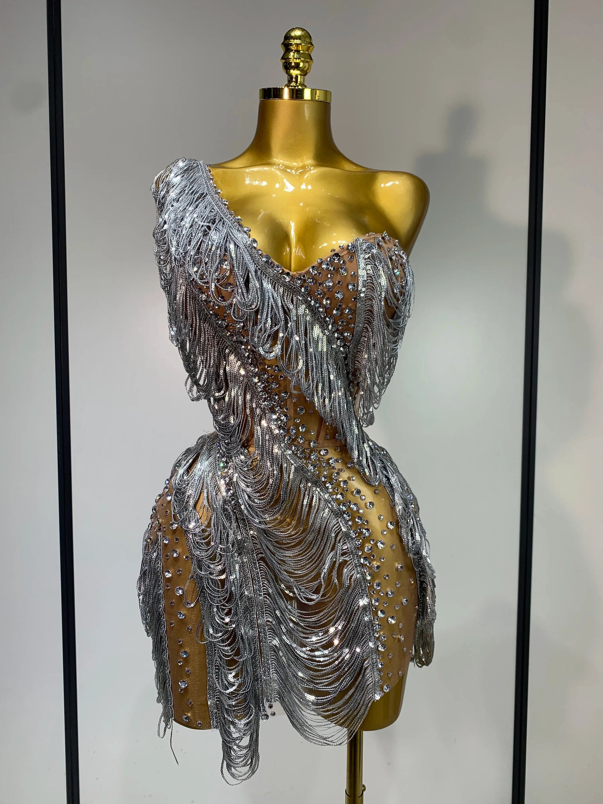 Sparkly Rhinestone Tassel Mesh Dress Nightclub Dance Stage Performance Costume Evening Party One shoulder Nigtclub Mini Dress Silver