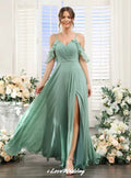 Elegant Sage Green Bridesmaid Dresses Chiffon Spaghetti-Strap A-Line Side Split Floor Length Wedding Party Dress Customized