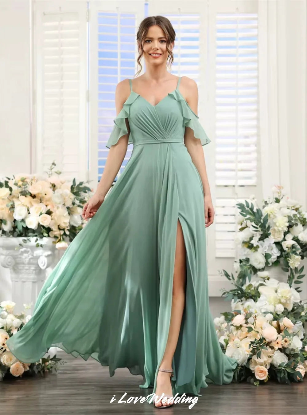 Elegant Sage Green Bridesmaid Dresses Chiffon Spaghetti-Strap A-Line Side Split Floor Length Wedding Party Dress Customized