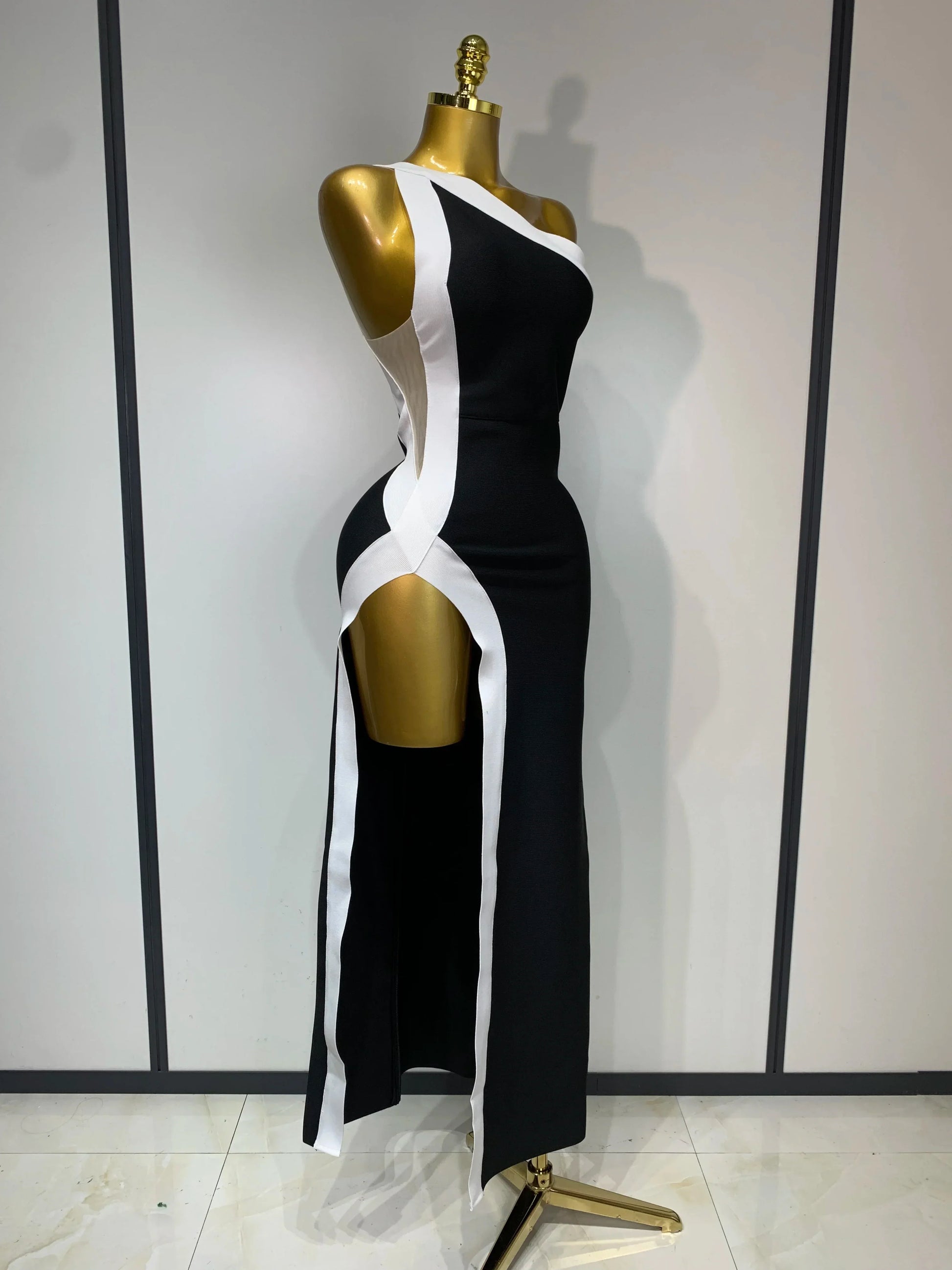 Women Sexy One Shoulder Split Black White Patchwork Bandage Bodycon Dress Celebrity Elegant Evening Party Birthday Outfit